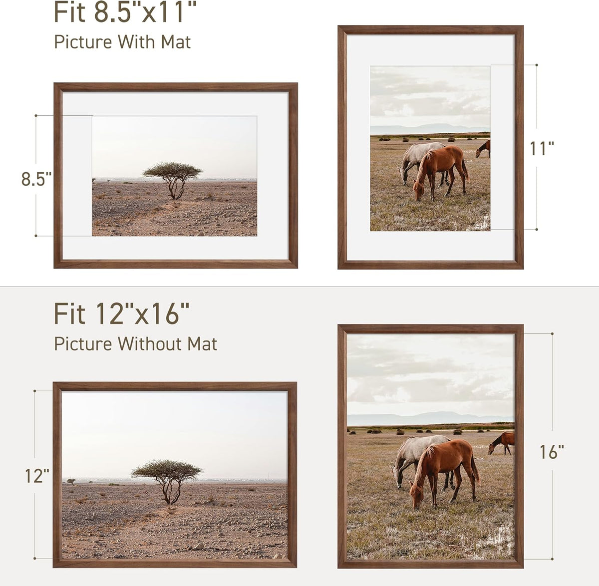12x16 Picture Frame Set of 4 Natural Solid Walnut Photo Frames with 8.5x11 Removable Mat Wall