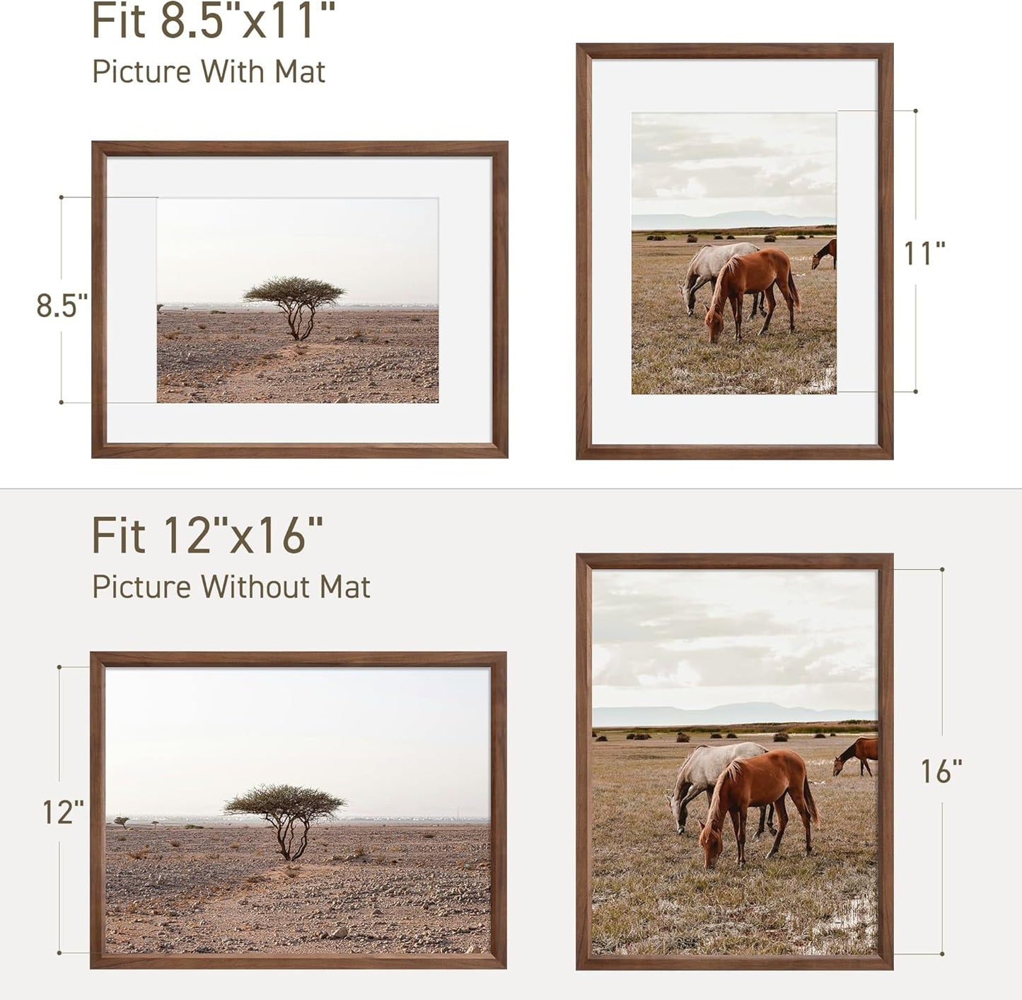 12x16 Picture Frame Natural Solid Walnut Photo Frames with 8.5x11 Removable Mat Wall Hanging Large