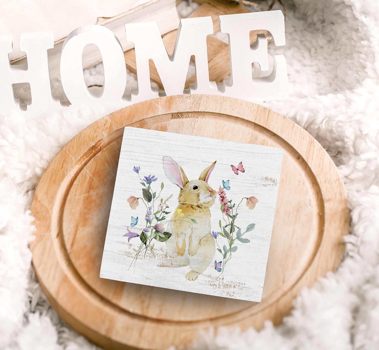 SRADMO Bunny Sign, Cute Bunny's Wood Box Sign Desk Decor, Easter Bunny Gifts for Kids, Easter Theme