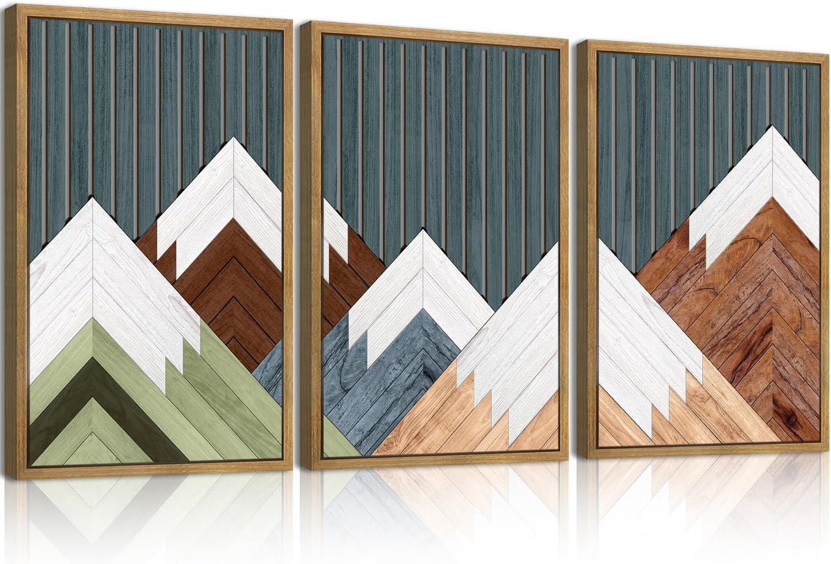 DRACIT Large Woodcut Mountain Wall Art Set Abstract Boho Forest Wood Wall Decor Nature Blue Art