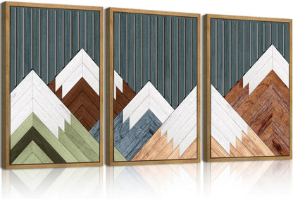 DRACIT Large Woodcut Mountain Wall Art Set Abstract Boho Forest Wood Wall Decor Nature Blue Art