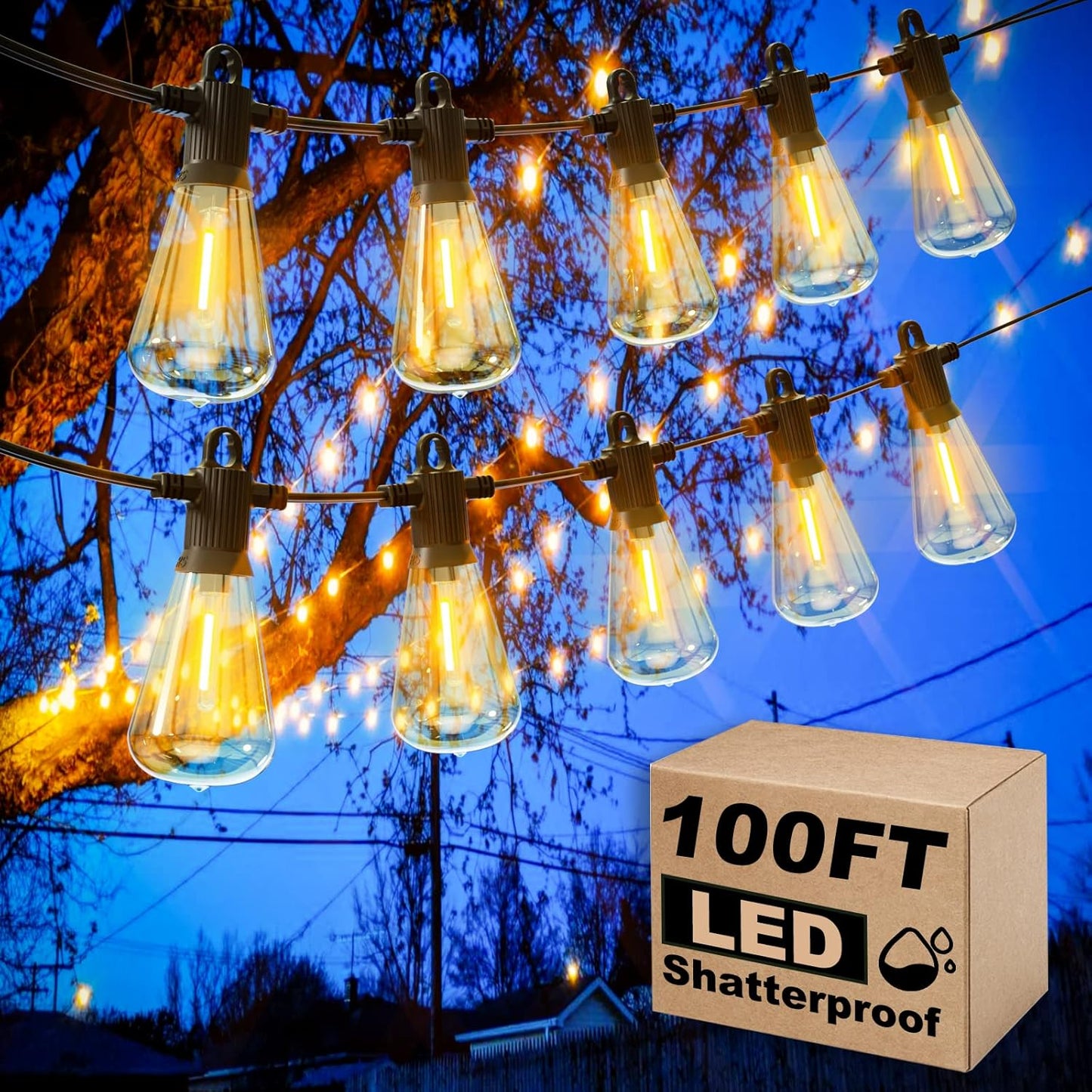 100FT Outdoor String Lights, LED Patio Lights with 50+3 ST38 Vintage Edison Shatterproof Bulbs