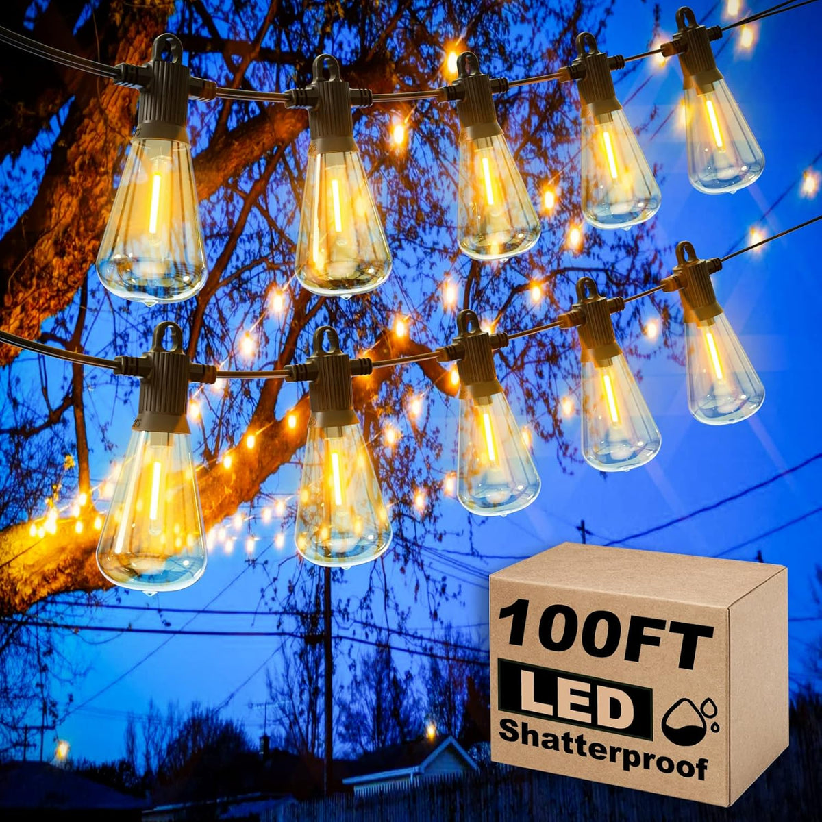 100FT Outdoor String Lights, LED Patio Lights with 50+3 ST38 Vintage Edison Shatterproof Bulbs