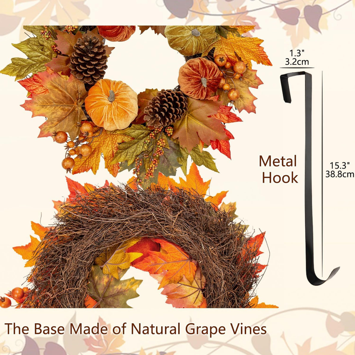 Fall Wreaths for Front Door 16'' Autumn Velvet Pumpkin Wreath with Metal Hook Harvest Maple Wreath