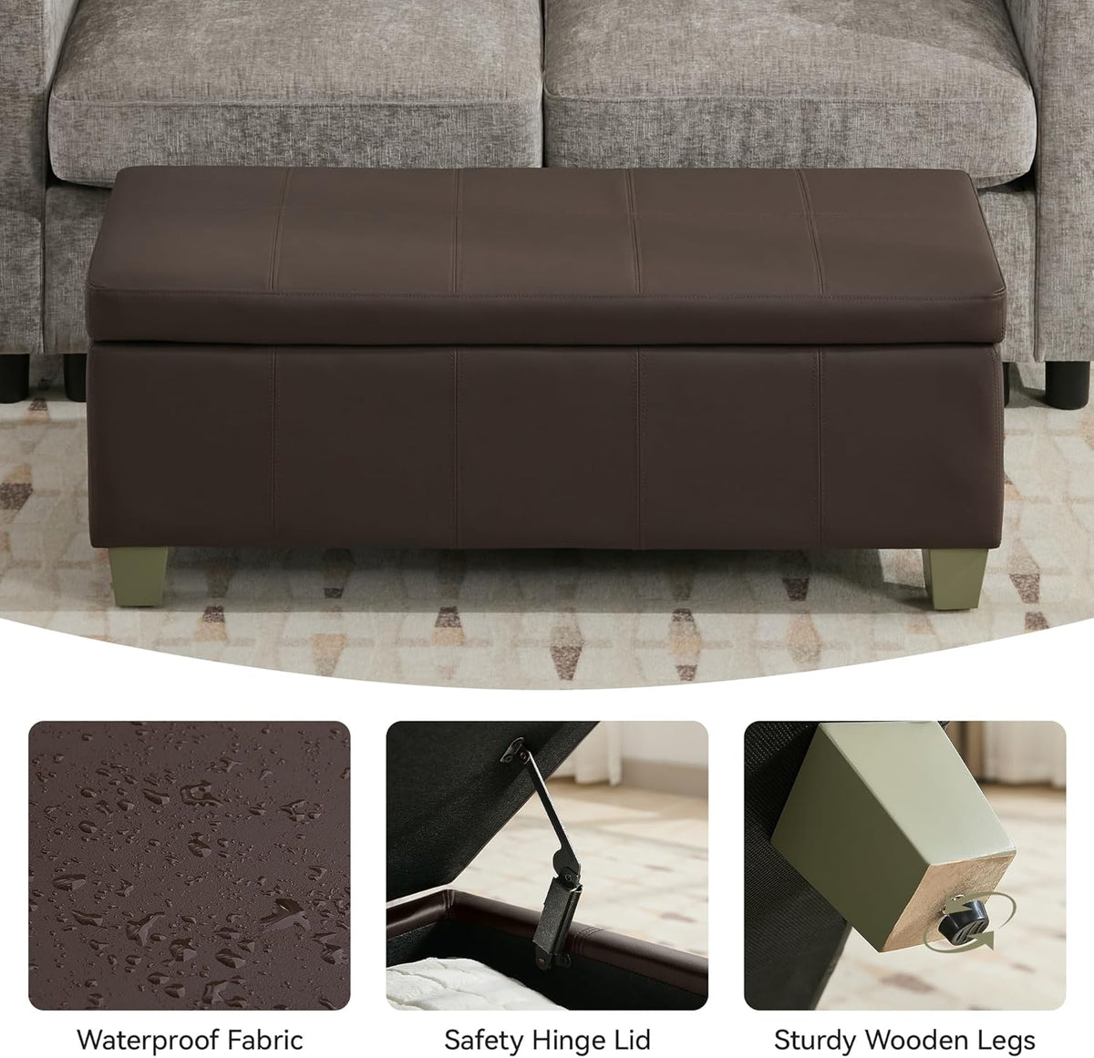 41" Faux Leather Storage Ottoman, Stitch Tufted Rectangle Upholstered End of Bed Storage Bench