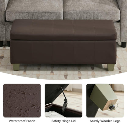 41" Faux Leather Storage Ottoman, Stitch Tufted Rectangle Upholstered End of Bed Storage Bench
