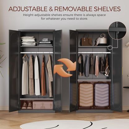 Metal Armoire Wardrobe Closet with 2 Doors, 71" Black Wardrobe Cabinet with Hanging Rod and