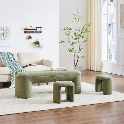 3-Piece 53" Comfy Upholstered Dining Bench with 2 Ottomans, Accent Waterfall Bench Modern End of