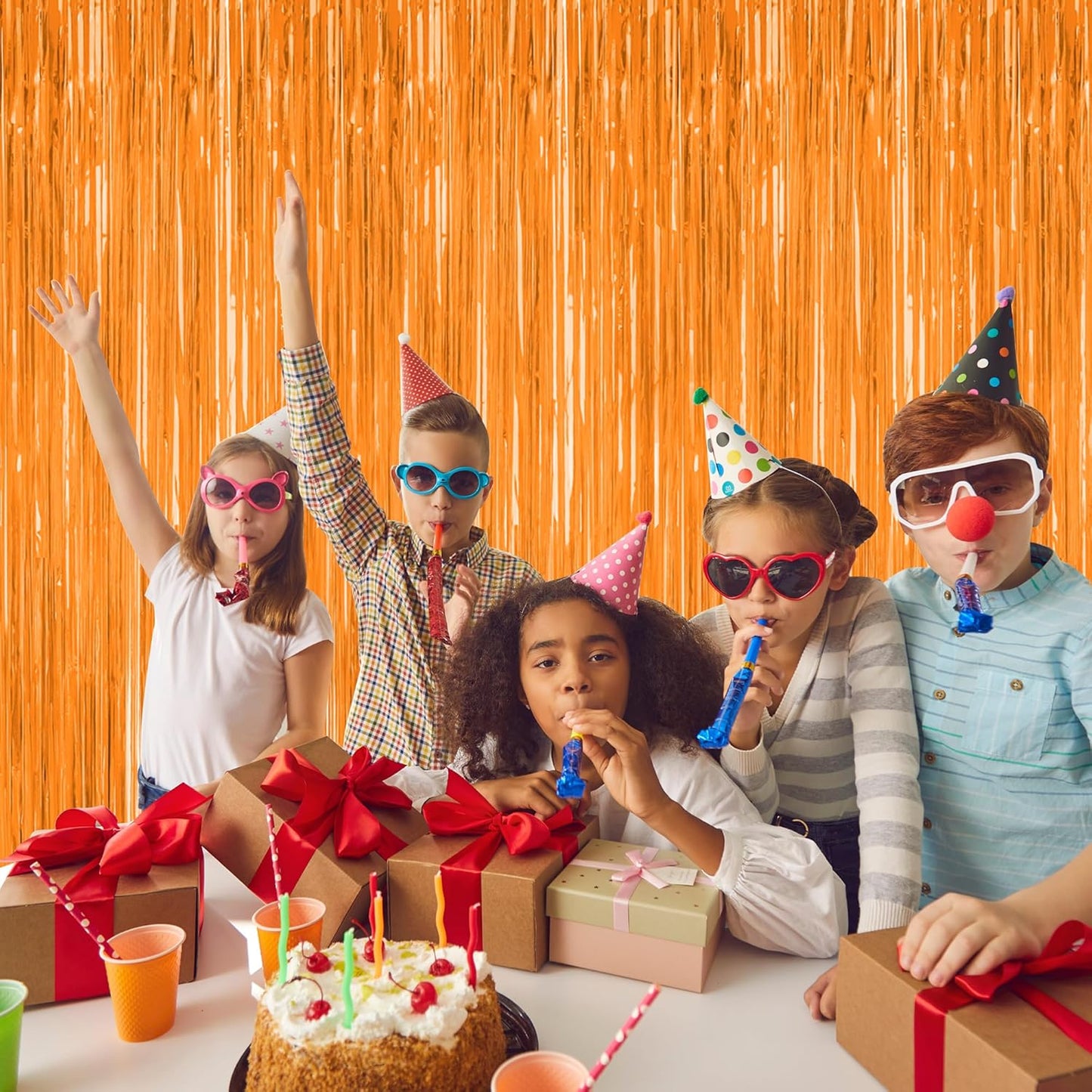 2 Pack Backdrop Curtains, 3.28 FT x 7.05 FT Orange Color Tinsel Backdrop, Metallic Party Streamer