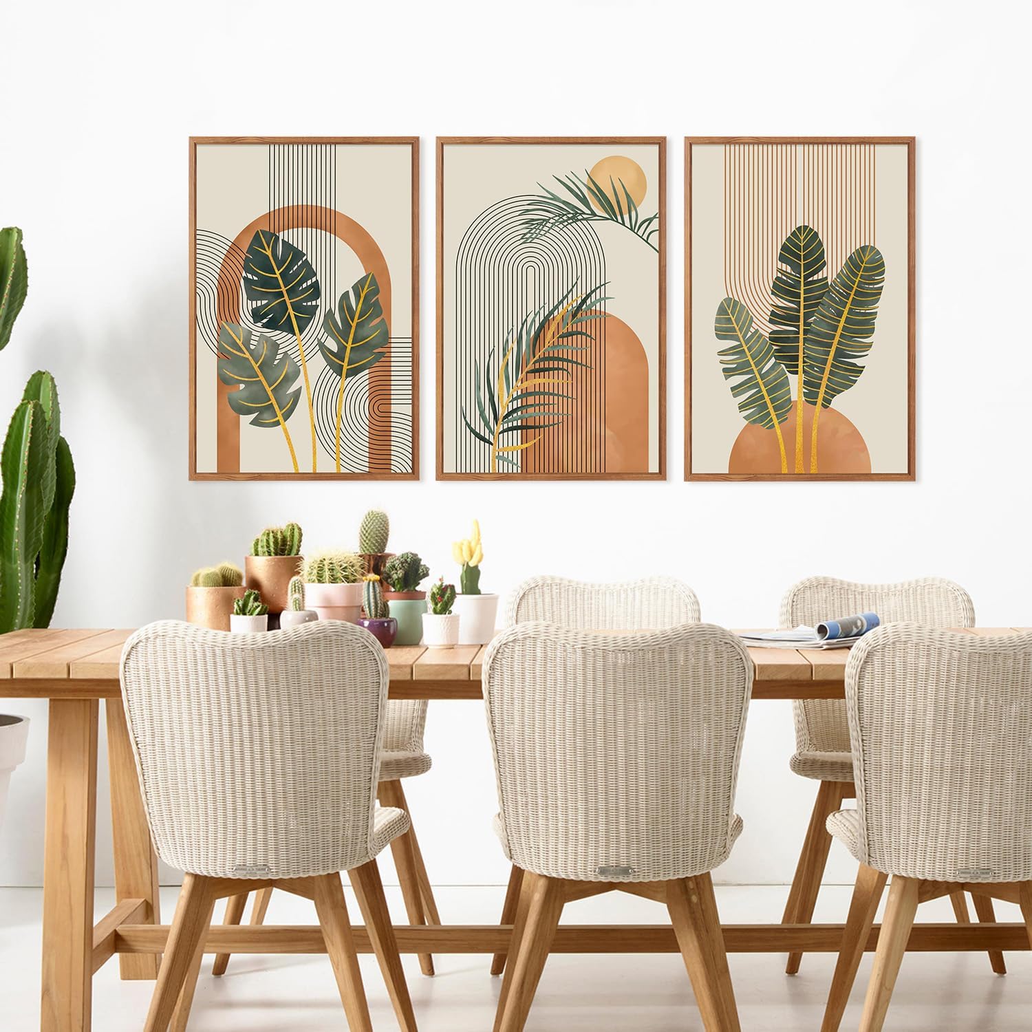 KAIRNE Boho Canvas Wall Art,Tropical Palm Leaf Wall Decor,Mid-Century Geometric Illustrations Set
