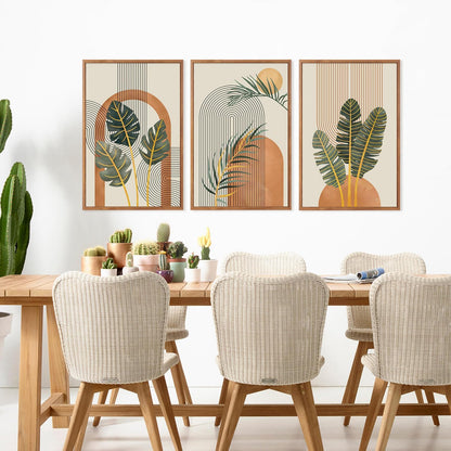 KAIRNE Boho Canvas Wall Art,Tropical Palm Leaf Wall Decor,Mid-Century Geometric Illustrations Set