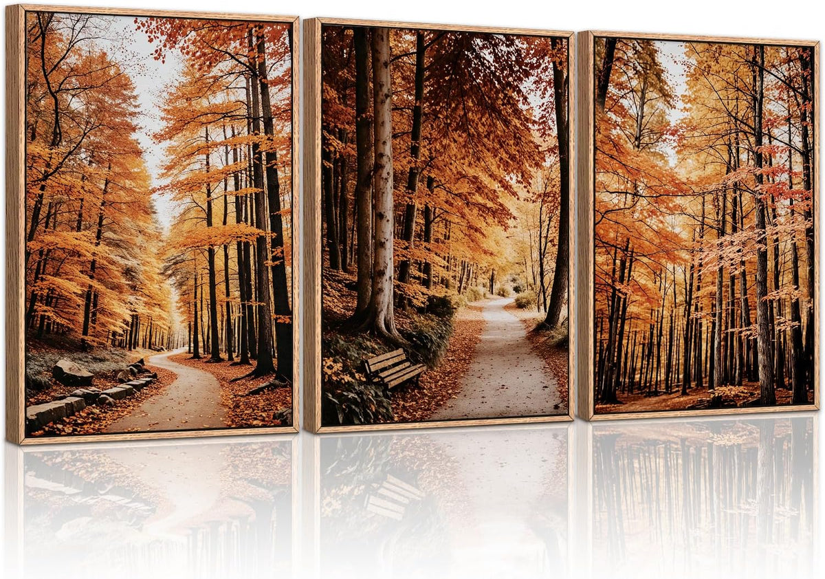 HLNIUC Autumn Forest Framed Canvas Wall Art,Fall Nature Pictures Wall Decor Set of 3(16”x24”) Large