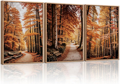 HLNIUC Autumn Forest Framed Canvas Wall Art,Fall Nature Pictures Wall Decor Set of 3(16”x24”) Large