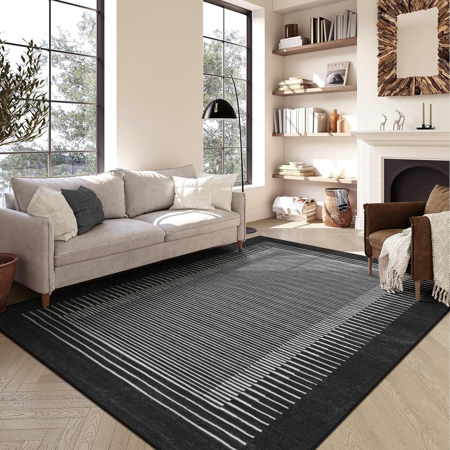 Wonnitar Washable Striped 5x7 Washable Area Rug, Non-Slip Black Berber Stripe Rugs for Living Room
