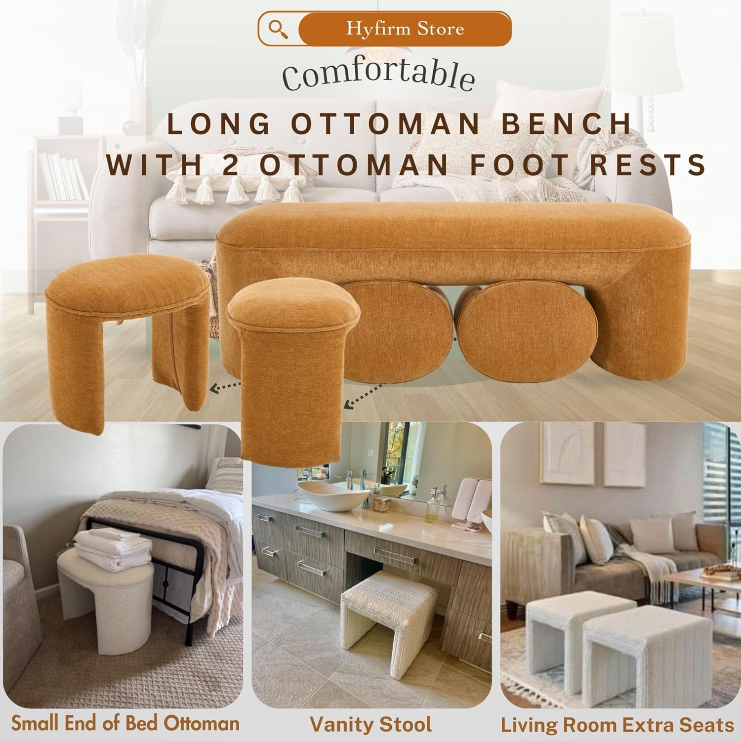 3-Piece 53" Comfy Upholstered Dining Bench with 2 Ottomans, Accent Waterfall Bench Modern End of