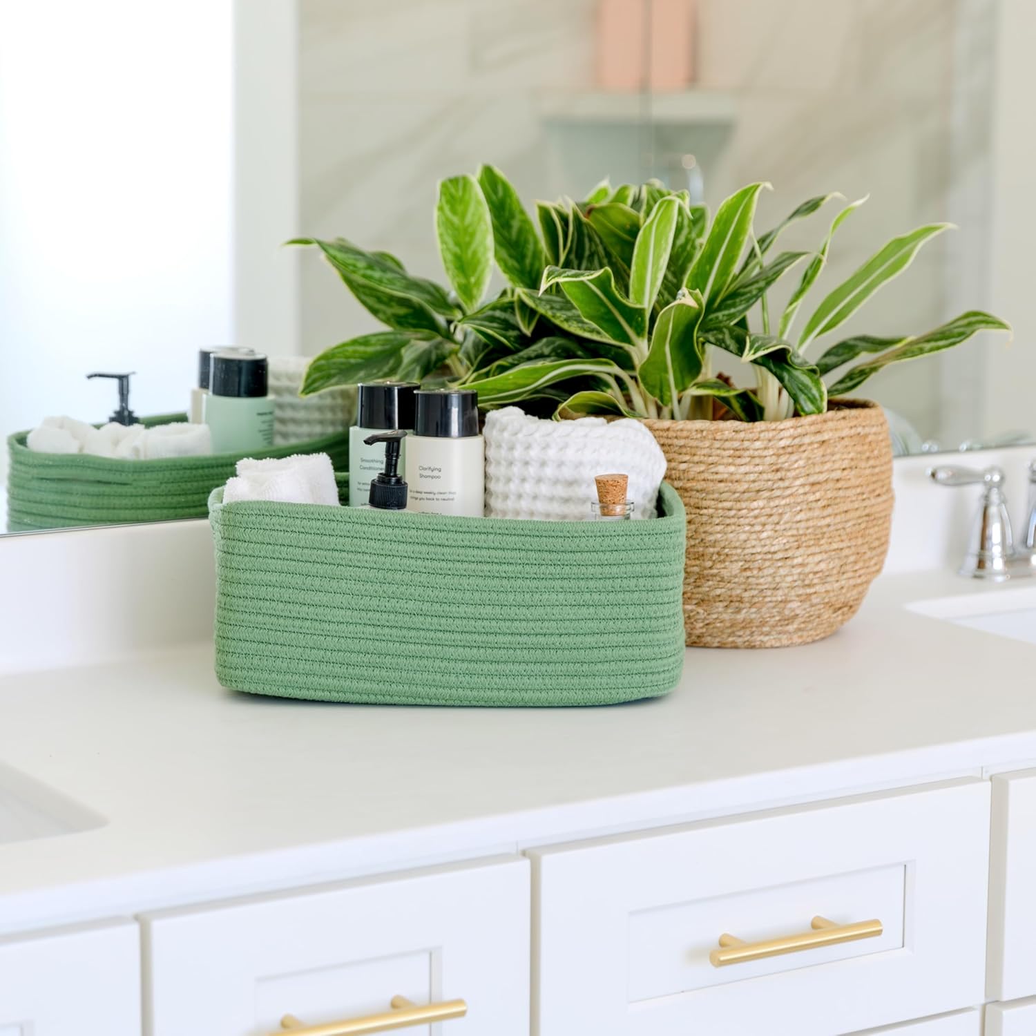 NaturalCozy 13.5”x8.5”x5.5” Rectangle Storage Baskets for Shelves 3 Pack | Cotton Rope Woven Small