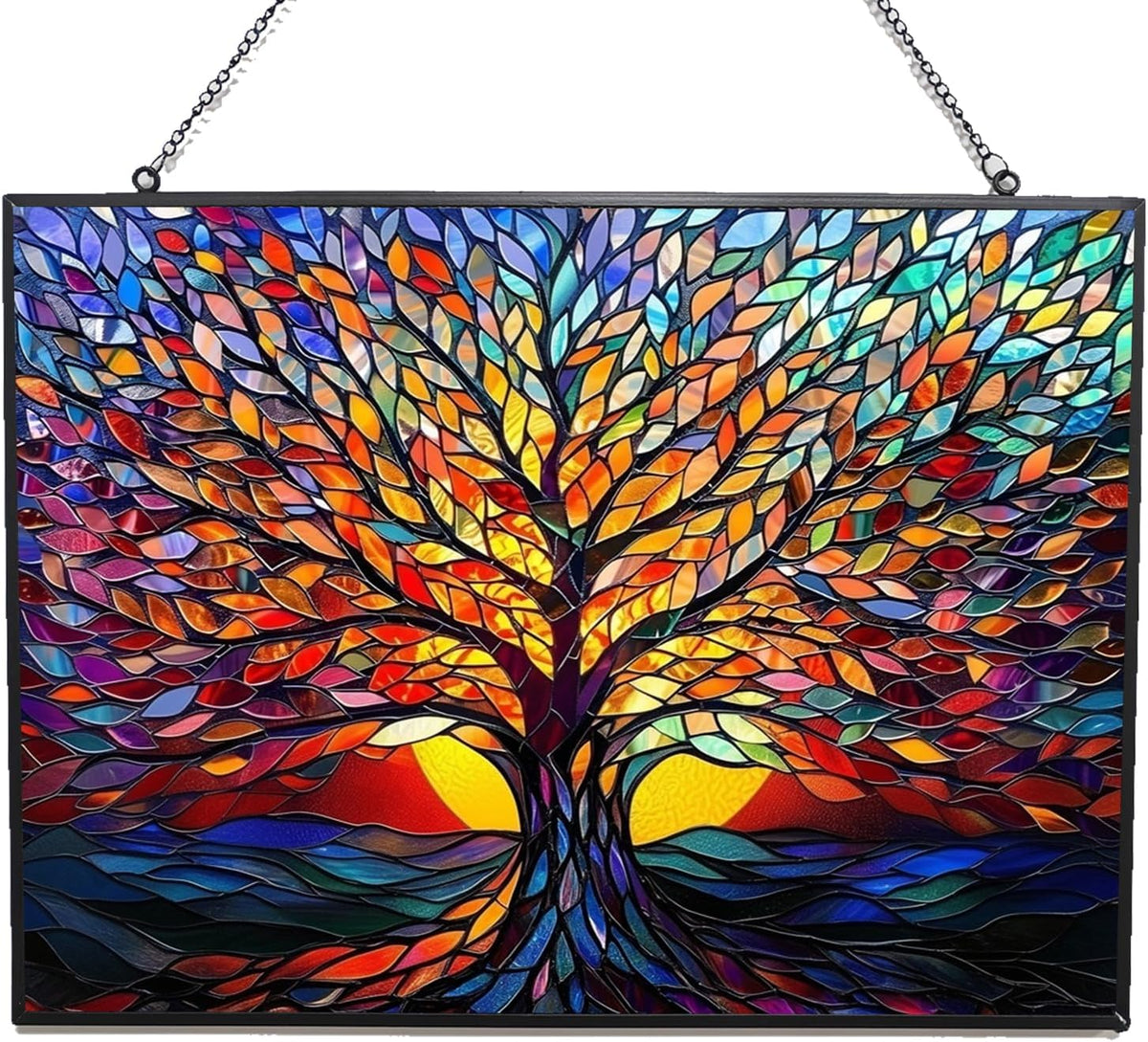 Rectangle Tree of Life Stained Glass Window Hanging Window Suncatcher Glass Panel with Metal Chain