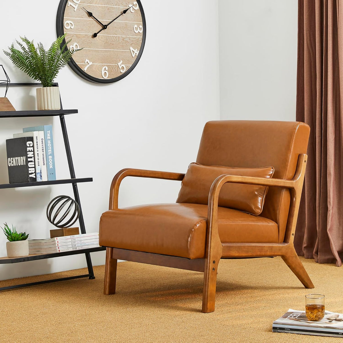 Glitzhome 30" H Mid Century Yellowish Brown Accent Armchair, Single Reading Sofa, PU Leather Lounge