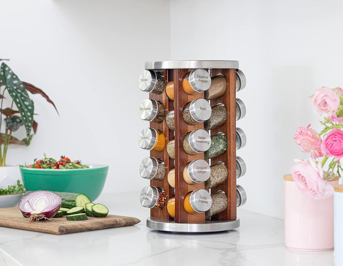 Orii 20 Jar Dark Acacia Wood Spice Rack with Spices Included - Rotating Tower Organizer for Kitchen