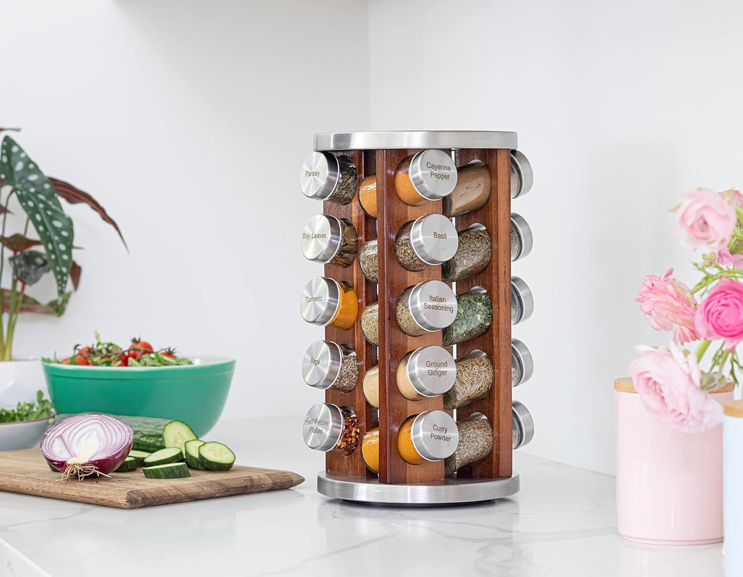 Orii 20 Jar Dark Acacia Wood Spice Rack with Spices Included - Rotating Tower Organizer for Kitchen