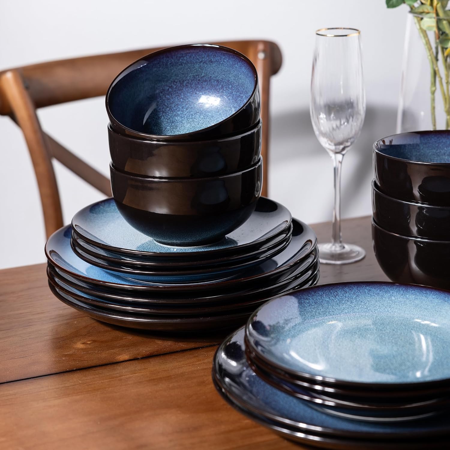 LeRatio Ceramic Dinnerware Sets for 6,Plates and Bowls Sets,Handmade Reactive Glaze Dishes Set,Chip