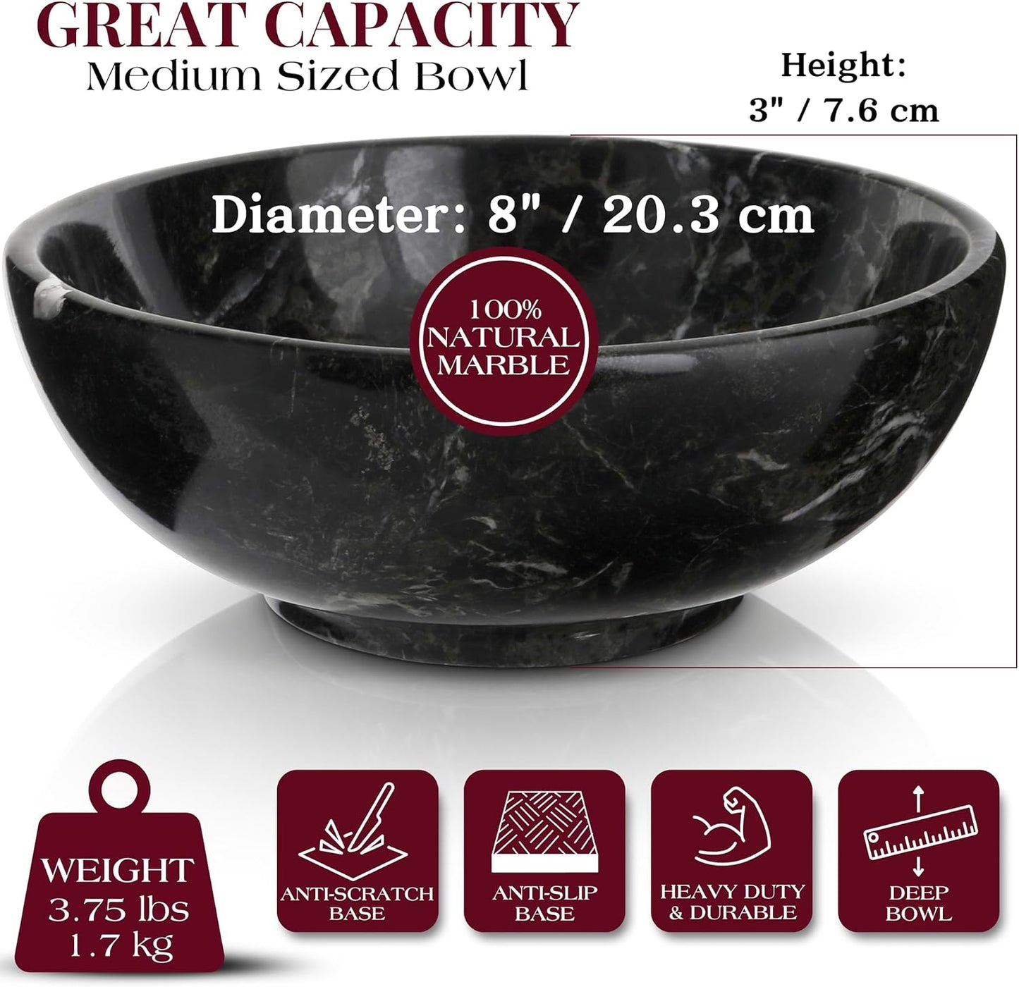 Gusto Nostro 8" Luxury Black Marble Decorative Bowl for Coffee Table - Elegant Modern Fruit Bowl