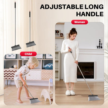 JOYMOOP Black and Red Broom and Dustpan Set, Upright Angle Design with Built-in Comb Teeth for