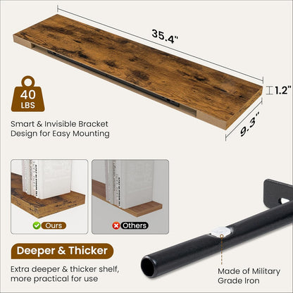 36 Inch Floating Shelves, 9.3 Inch Deep Rustic Wall Shelves - Extra Deeper Wall Mounted Storage