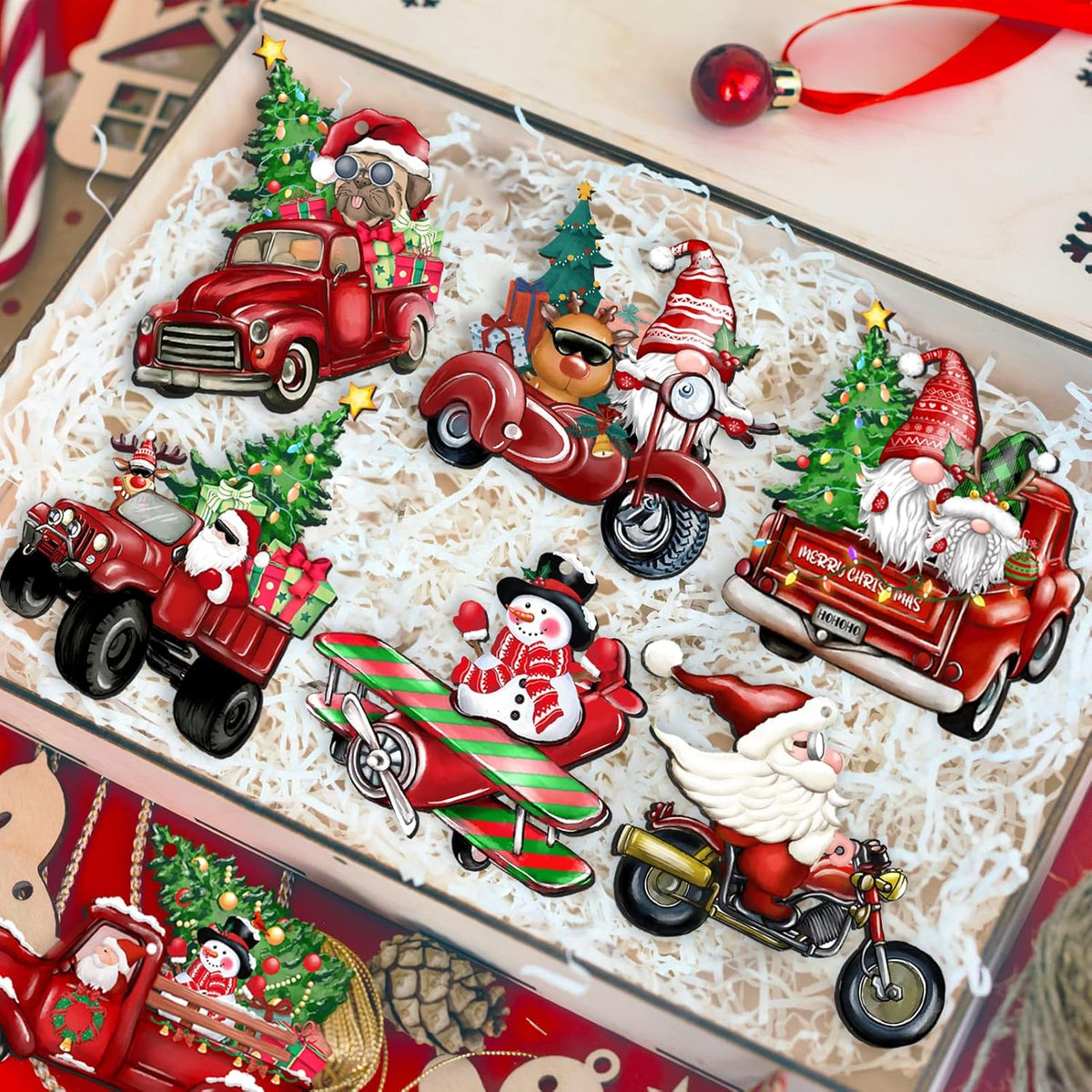Wooden Christmas Truck Ornaments Red Truck Wooden Hanging Ornaments Wooden Car Crafts with Bead