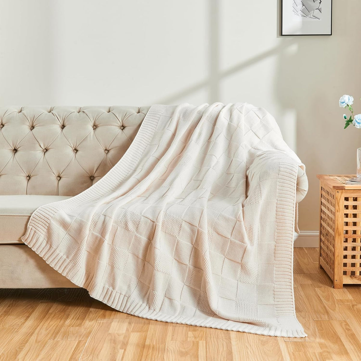 CozeCube Check Knit Throw Blanket, Cream White Checkered Throw for Couch, Decorative Christmas Soft