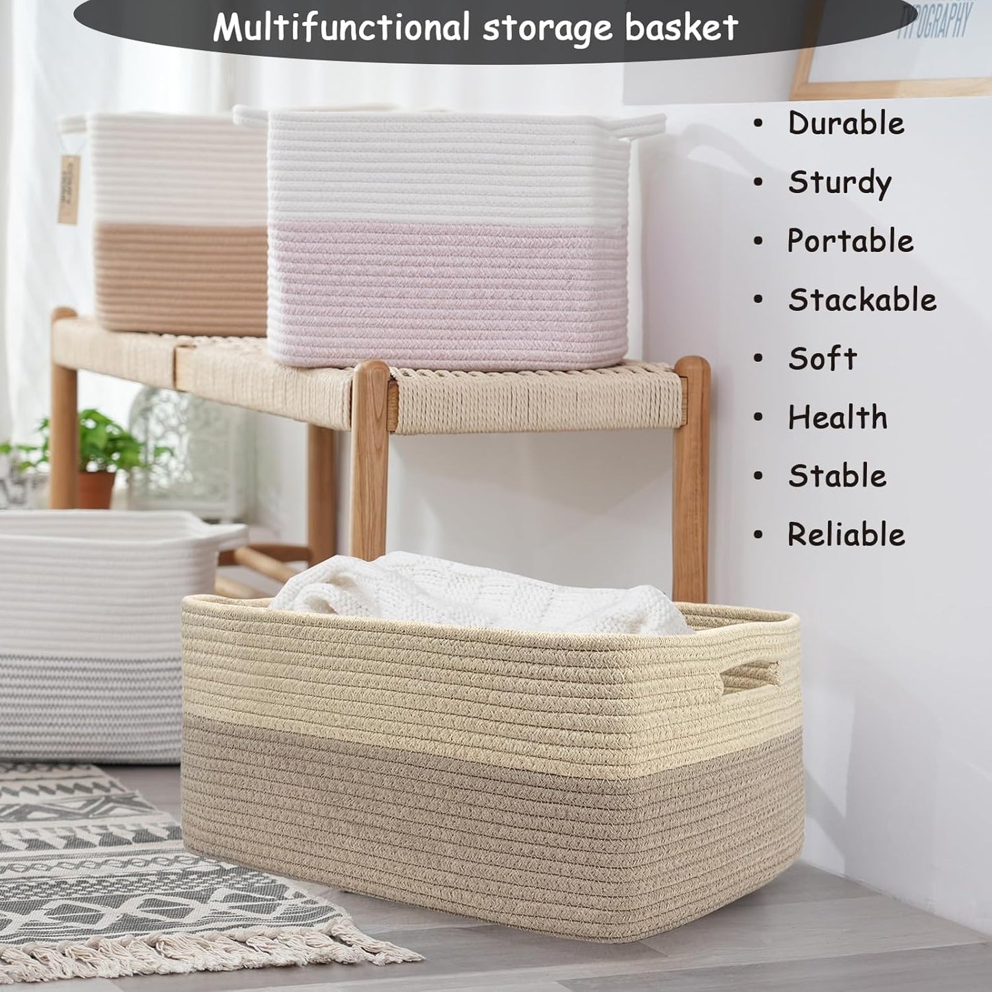 COMFY-HOMI Cotton Rope Woven Basket with Handles for Shelves,Toys,Book, Cloth Storage Baskets for