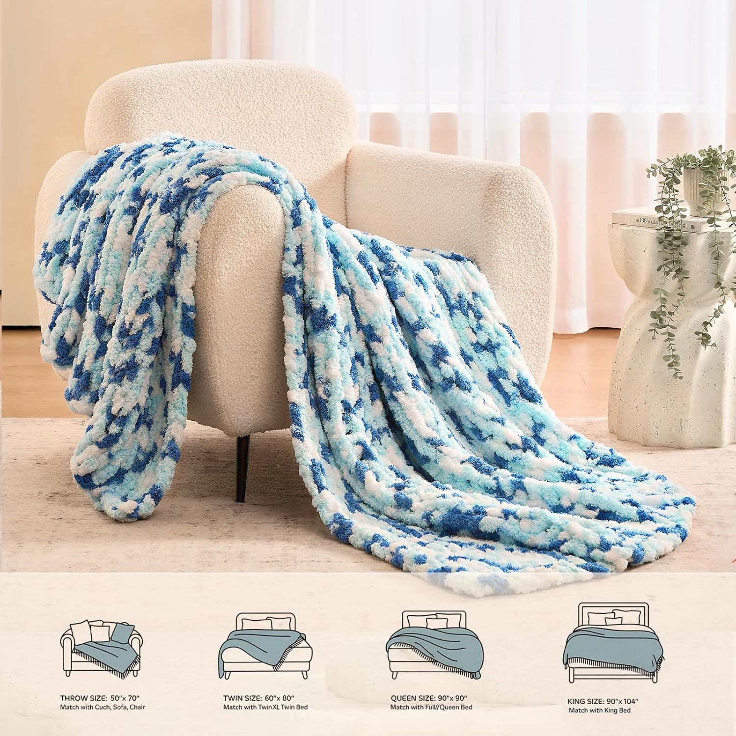 L'AGRATY Chunky Knit Blanket Throw: 50''x60'' Chenille Chunky Knitted Throw Blankets for Bed Couch