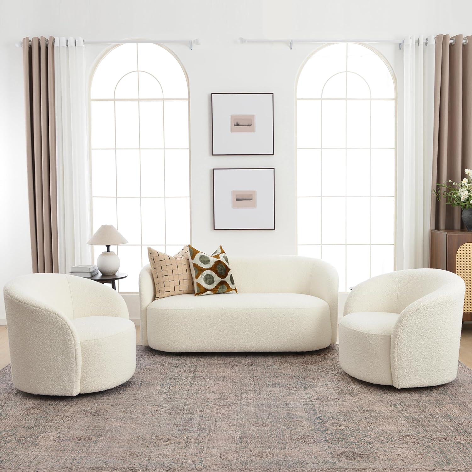 KINWELL 34" W Swivel Barrel Chair Set of 2, Mid Century Modern Round Upholstered Boucle Swivel