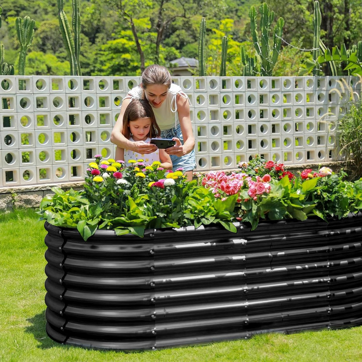 Land Guard Galvanized Planter Raised Beds, 6×3×2ft Galvanized Water Trough, Keyhole Raised Garden