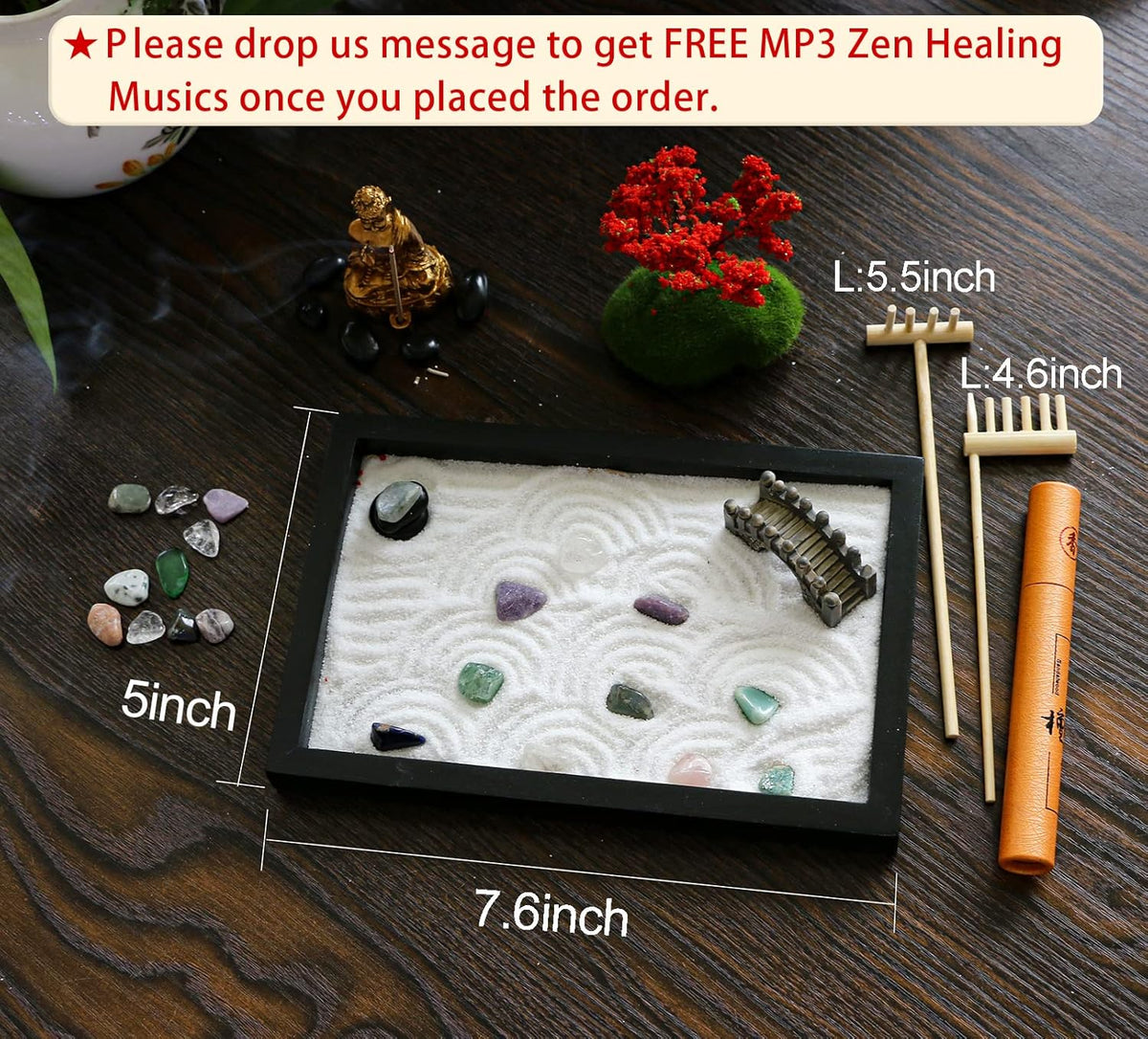 Mini Meditation Zen Garden Kit - Japanese Tabletop Rock Sand Chakra Buddha Garden Home Office Desk