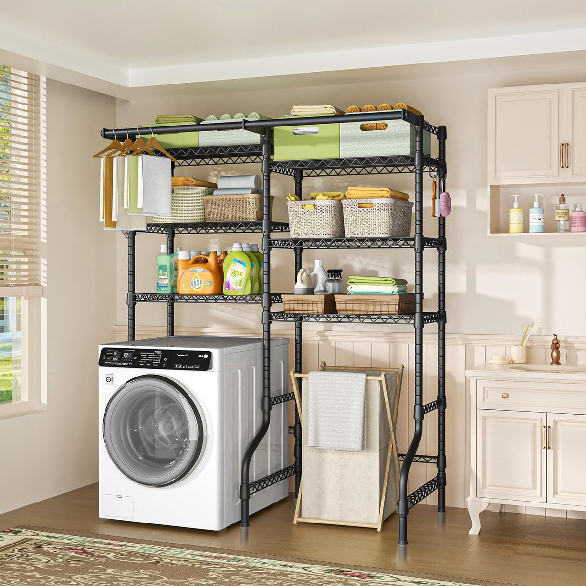 Ulif U13 Over Washer and Dryer Storage Shelves, 6 Tiers Laundry Room Standing Shelf with 2 Hanger