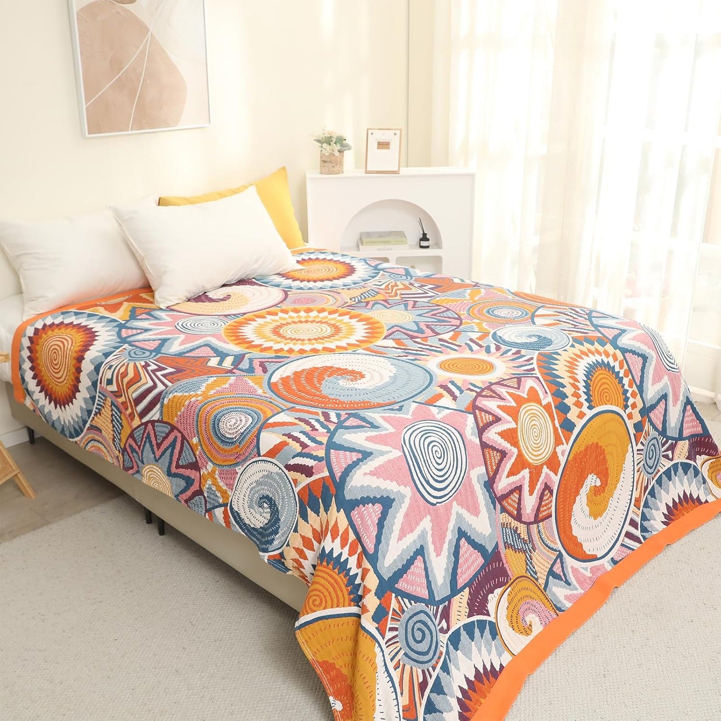 Snycler Boho Throw Blanket for Bed - 100% Cotton Ultra Soft Rustic Quilt Fall Blanket - Orange