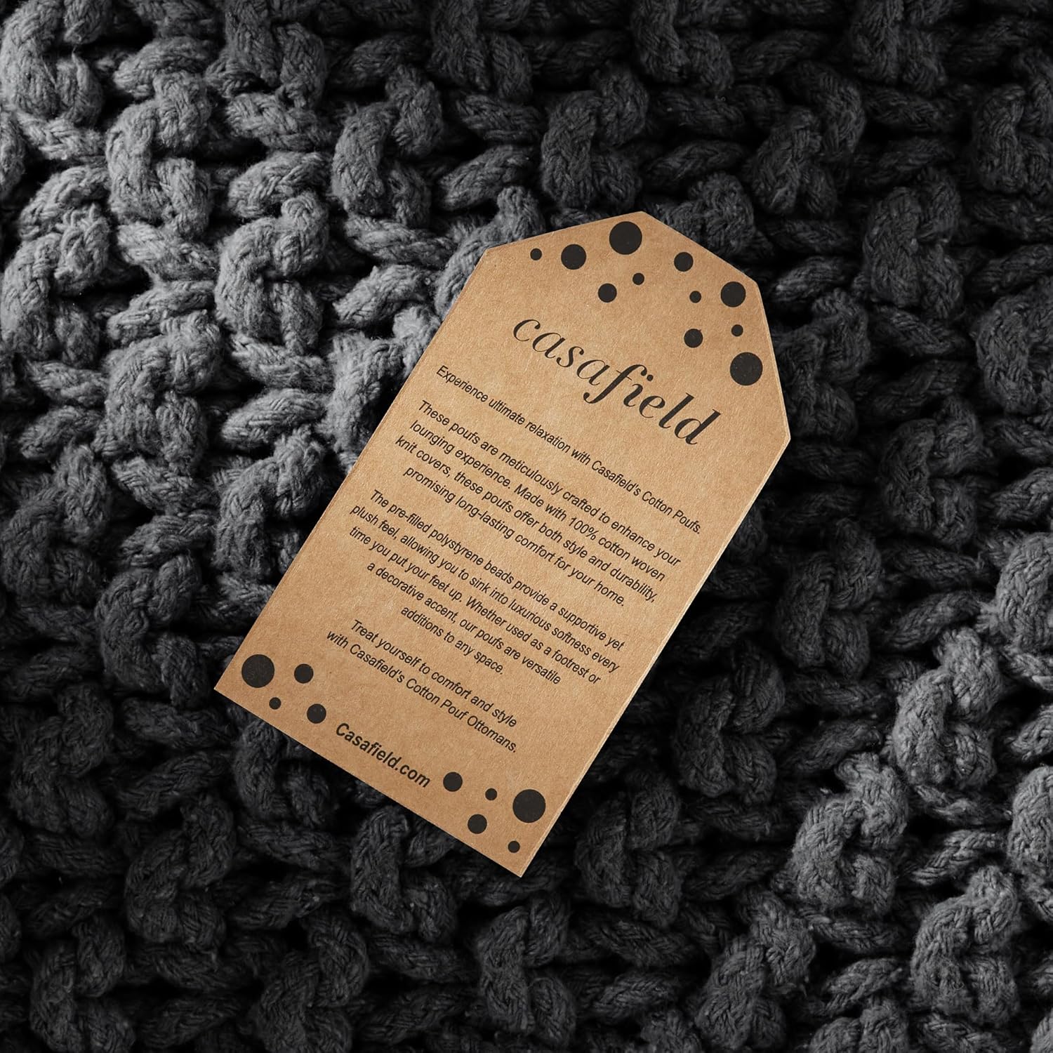 Casafield Square Pouf Ottoman, Black - 18.5" W x 18.5" D x 14.5" H Cotton Knit Foot Stool - Boho