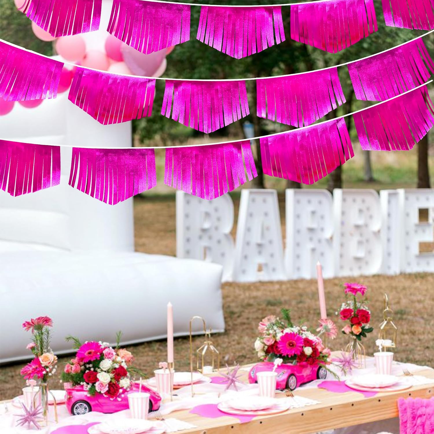 Hot pink Tassel Banner Double Sided Metallic Fabric Pennant Bunting Flag Garland for Birthday