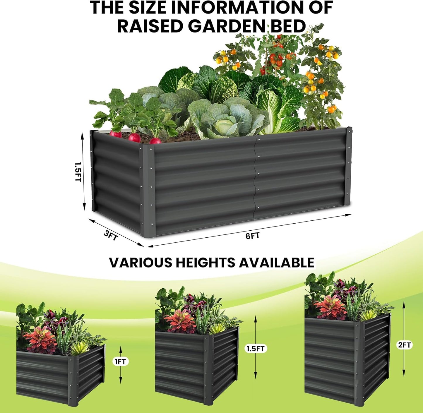 Galvanized Raised Garden Bed Outdoor, 2 Pcs 6x3x1.5FT Outdoor Large Planter Raised Beds Open Base
