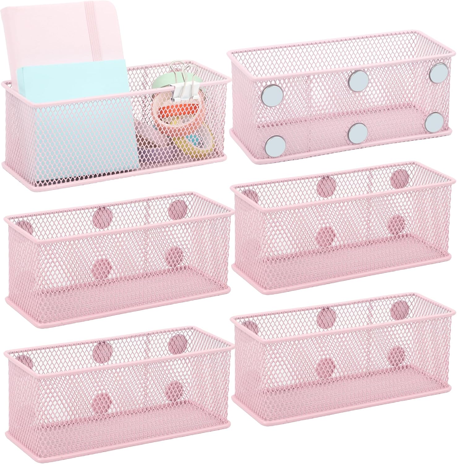 EASEPRES Magnetic Pencil Holder Set of 6 - Wire Mesh Storage Baskets Organizer with Strong Magnets
