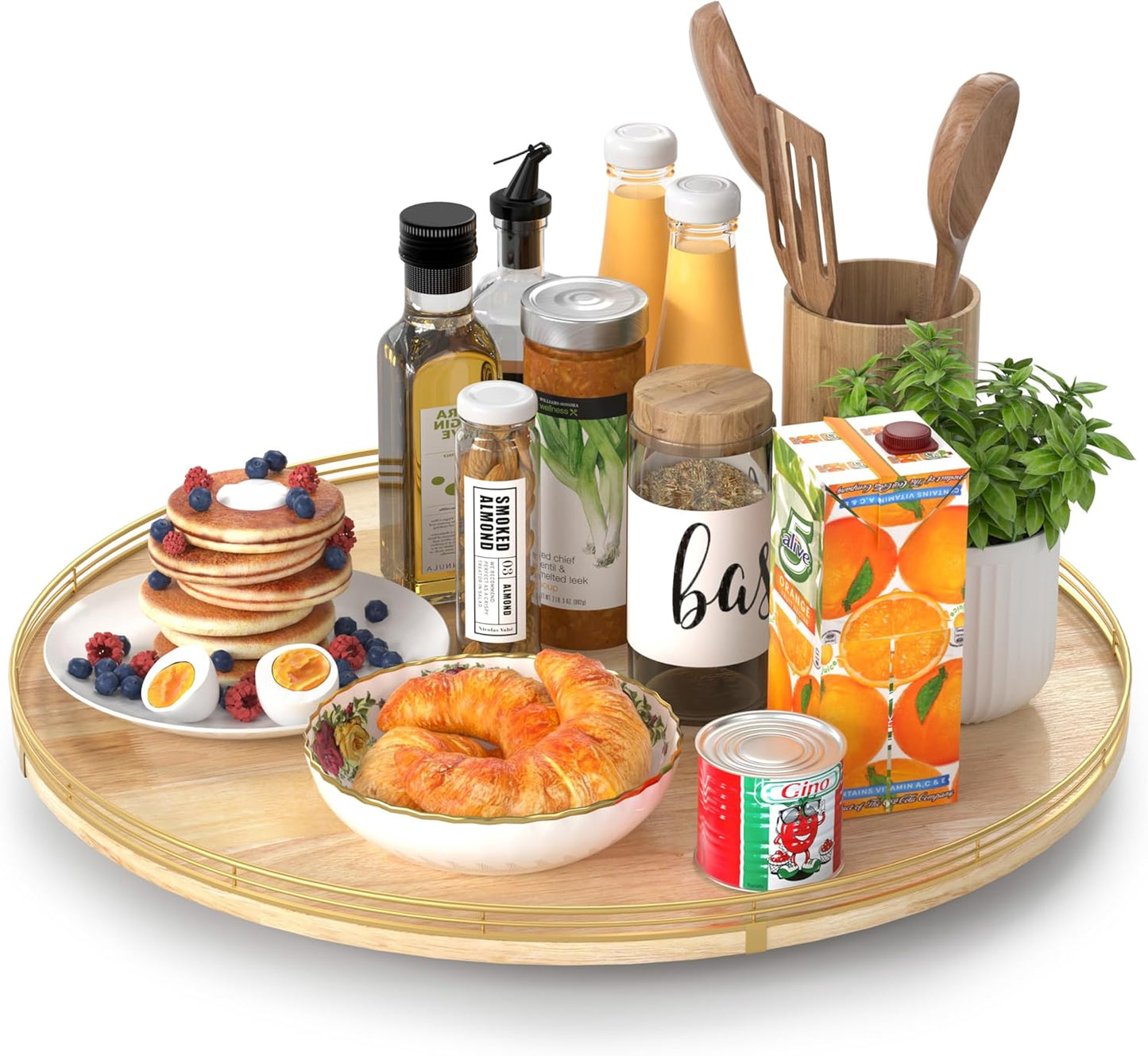 21-Inch Wooden Lazy Susan Turntable – Premium Oak & Iron, Extra Large Rotating Serving Tray for