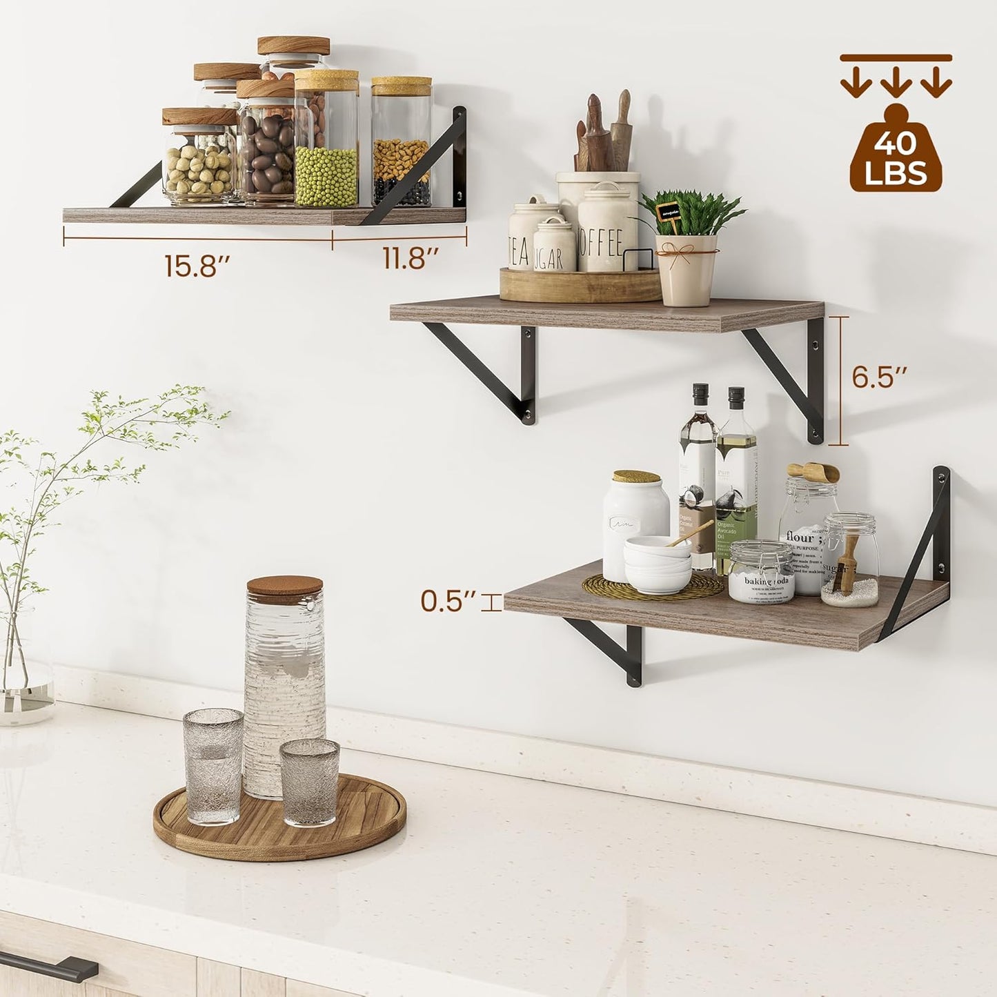 Heimlove Deep Floating Shelves for Wall, 12 Inch Deep Floating Shelves Set of 3, 16W x 12D Wood