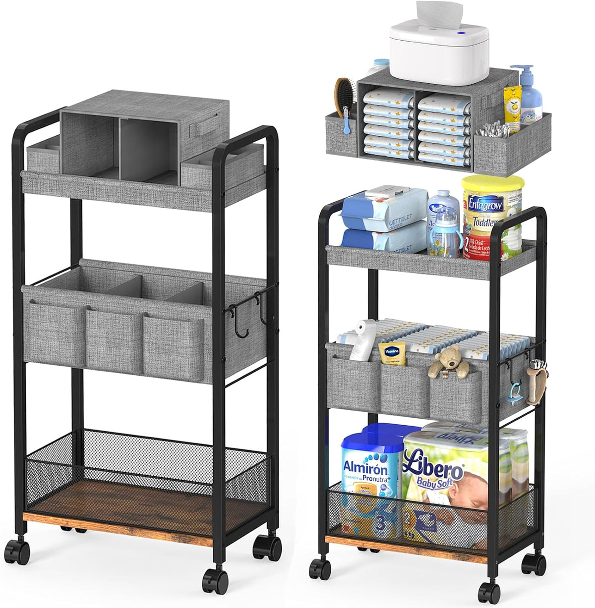 2In1 Baby Diaper Caddy & 3-Tier Rolling Diaper Cart, Caddy Organizer Cart with Dividers, Mobile