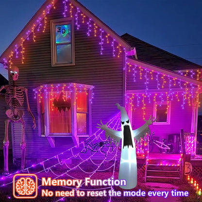YEGUO 33ft 400 LED Orange and Purple Icicle Halloween Lights, 80 Drops Icicle Lights Connectable, 8