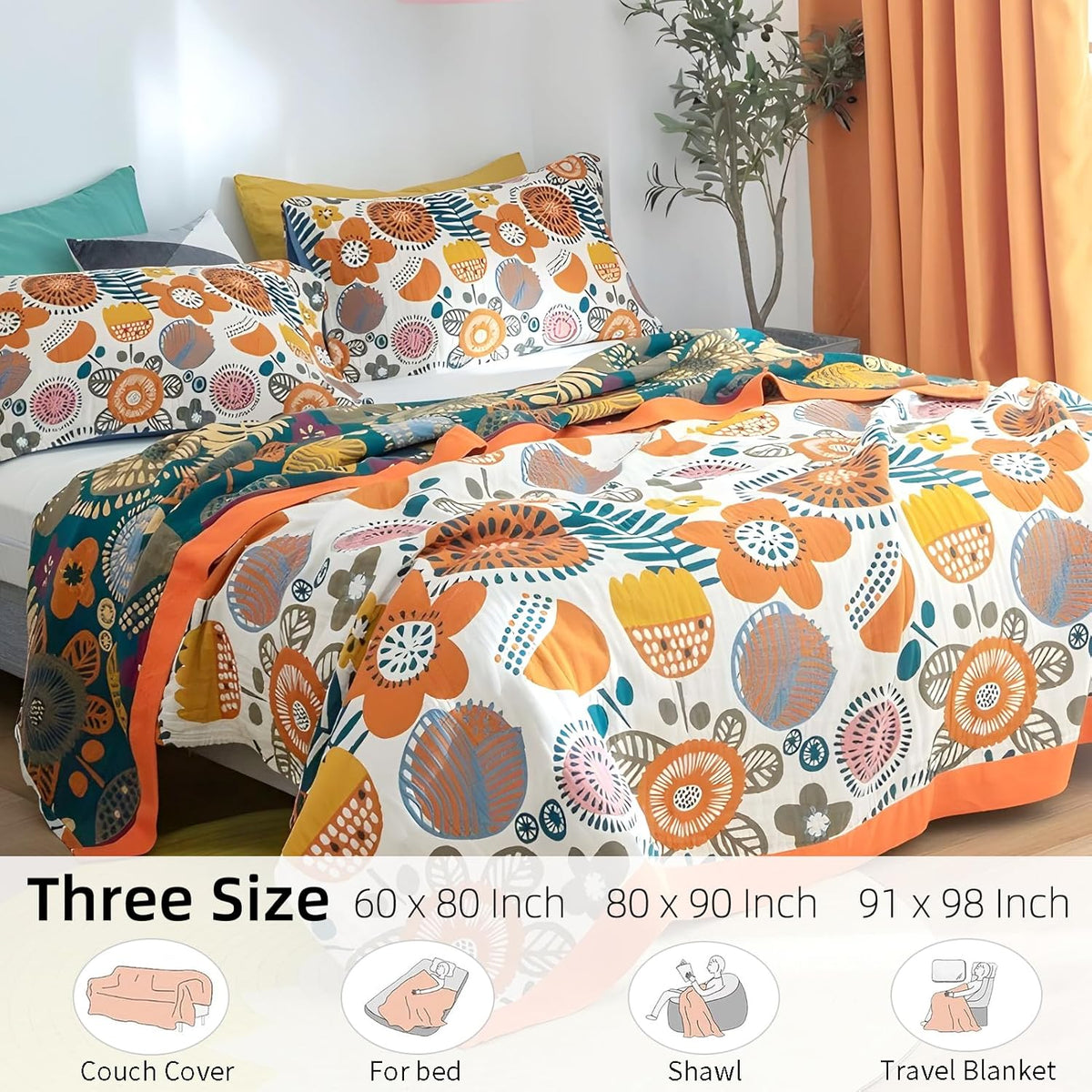 Boho Throw Blanket for Bed - 100% Pure Cotton Ultra Soft Rustic Quilt - Farmhouse Decor Bed