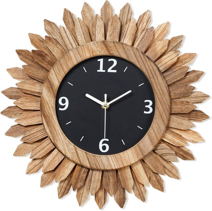 Honiway 14 Inch Wall Clock, Rustic Wood Boho Sunburst Decorative Wall Clocks Battery Operated