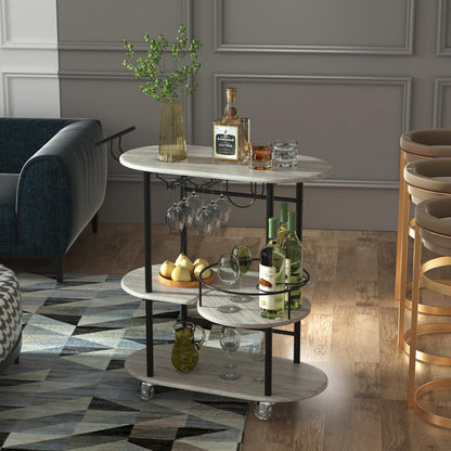 Light Gray Bar Carts with 4-Tier Storage Shelves, Mobile Bar Serving Cart with Wine Rack and Glass