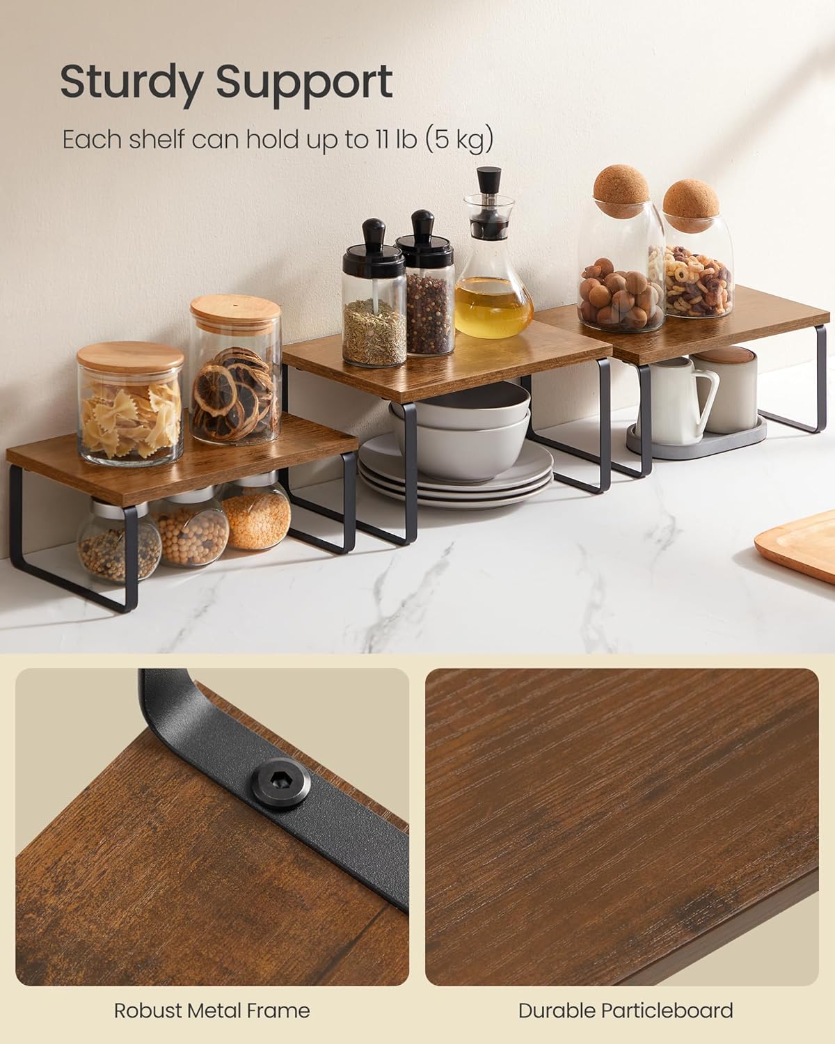SONGMICS Cabinet Organizer Shelf, Set of 3 Kitchen Counter Shelves, Kitchen Storage, Spice Rack