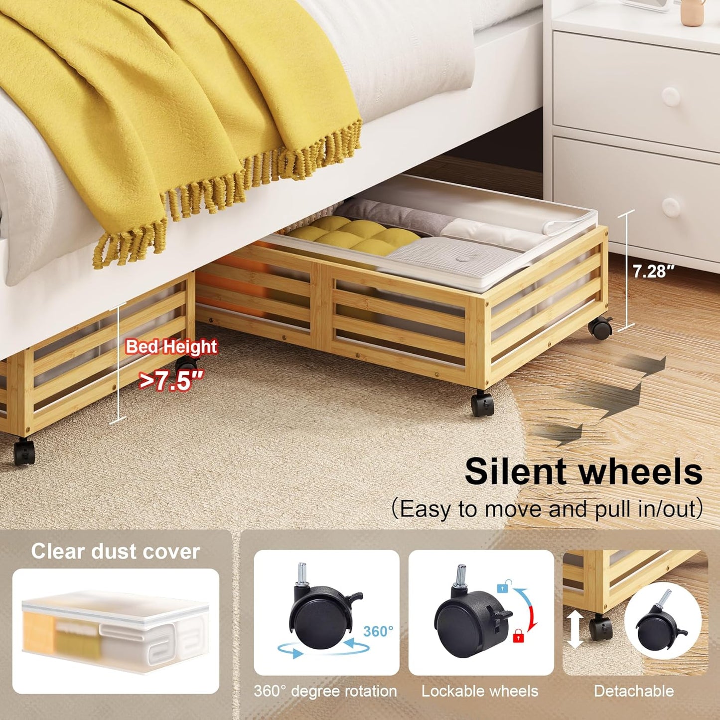 Under Bed Storage with Wheels-Large Bamboo Underbed storage Containers with Large Dust Bag
